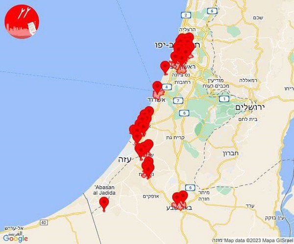 Les régions visées par les tirs de roquettes selon une carte israélienne